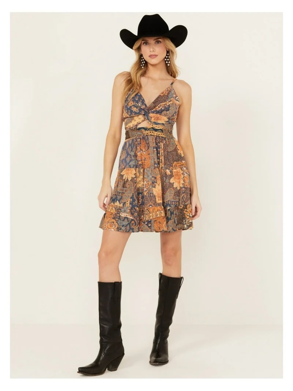 Angie Twist Front Keyhole Patchwork Print Mini Dress, Size Small